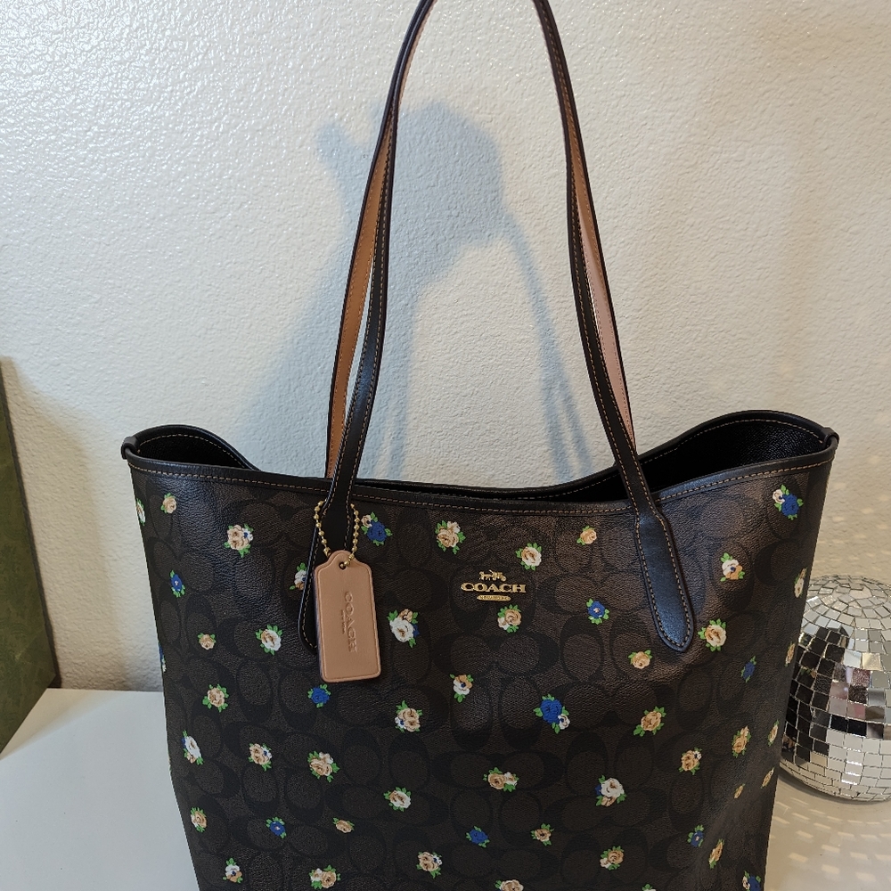 Coach Brown Floral Logo Tote with Blue and Cream Accents - Picture 14 of 16